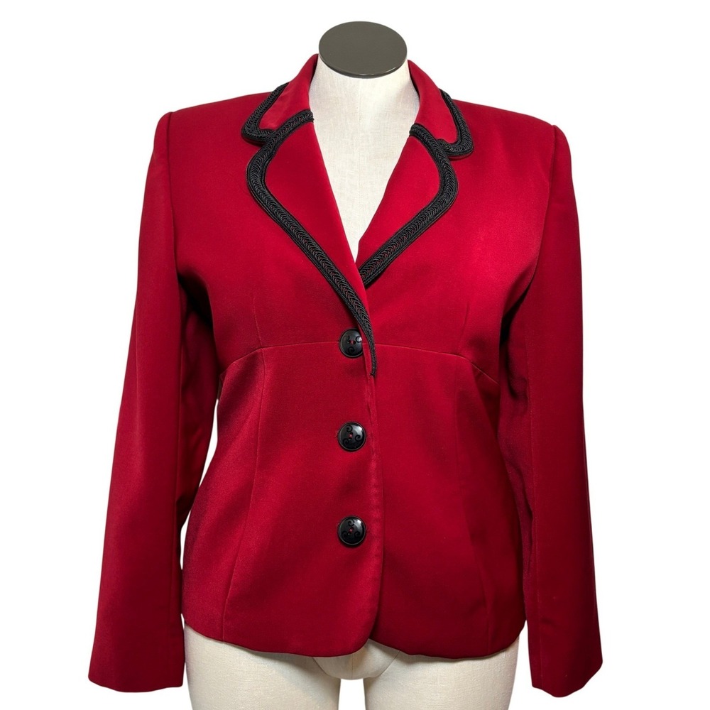 Sag Harbor Suit Red Blazer Braided Trim Black Buttons Purple Lining Size 14